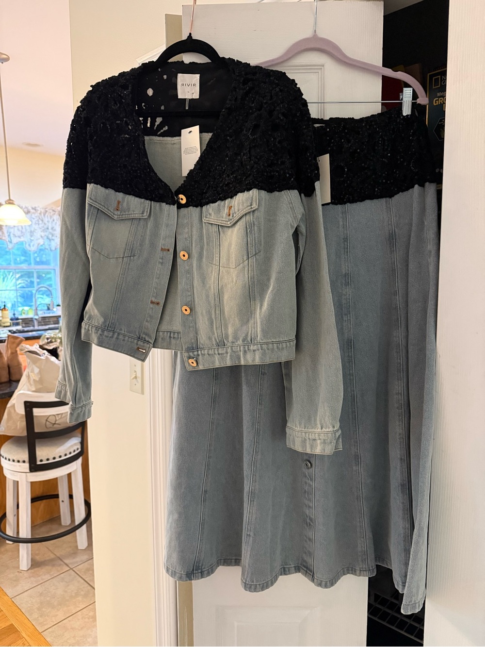 Avior Two-Tone Light Gray Denim Jacket with Black Lace Yoke